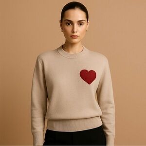 O2 Beige Sweater with Red Heart Cozy Viscose Blend Pullover Size M